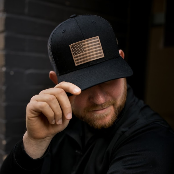 American Flag Hat - Leather Patch Trucker Snapback: Black