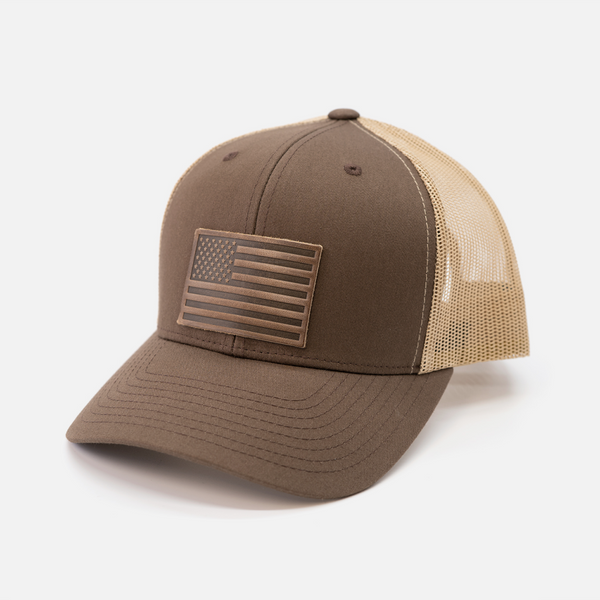 American Flag Hat - Leather Patch Trucker Snapback: Black