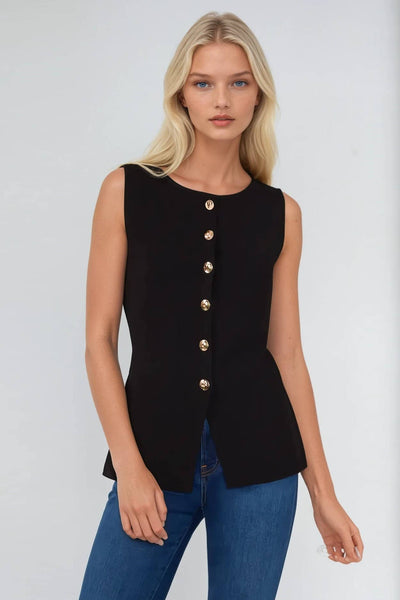 Sleeveless Fine Knit Gold Button Peplum Top: Black