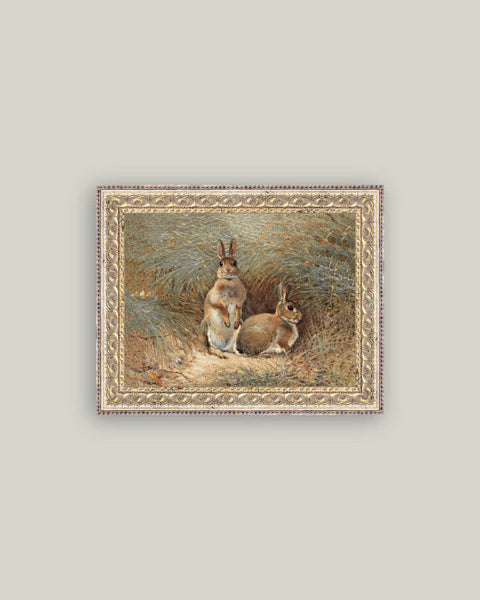 Bunnies Framed Antique Art: 7x5