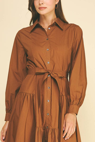 SOLID BUTTON DOWN TIERED MIDI DRESS - 7630D: INK / S