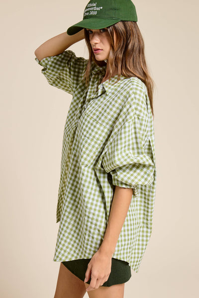 Oversized Gingham Button Down Shirt: leaf green