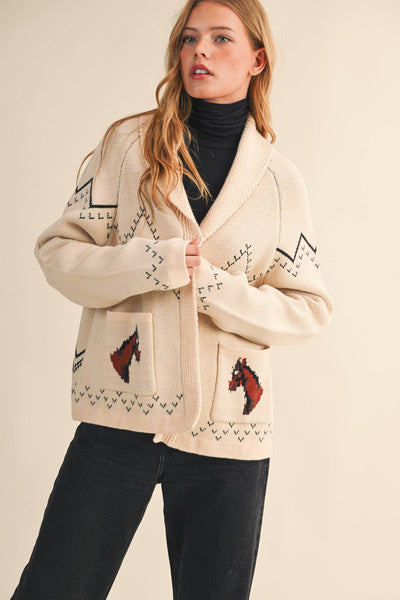 Horse Knit Sweater Cardigan: Beige Taupe
