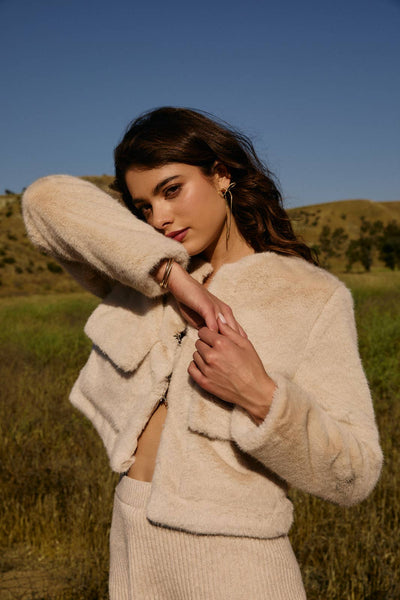 Round Neck Long Sleeve Fur Outerwear: Beige