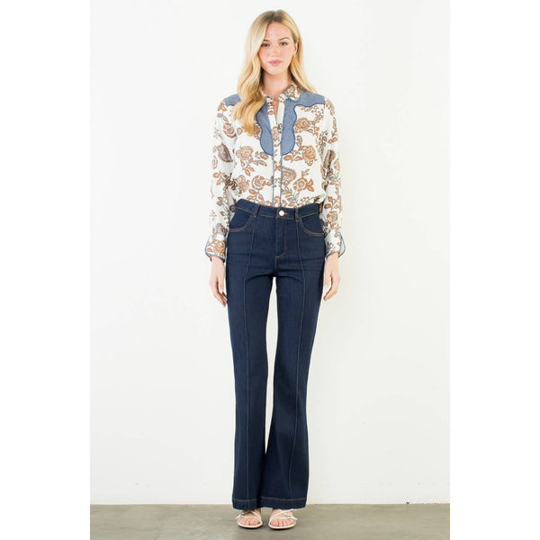 Long Sleeve Floral Detail Button Up Top: Cream