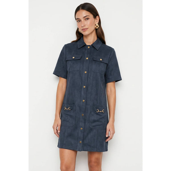 Horsebit Pocket Soft Matte Shirt Dress: Denim blue