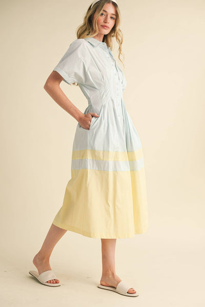 Button Down Midi Dress - Blue & Yellow