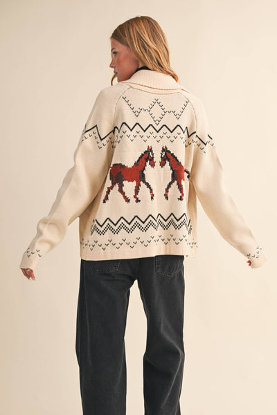 Horse Knit Sweater Cardigan: Beige Taupe