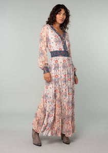 Floral Patchwork Smocked Long Sleeve Maxi Dress: Ivory/Coral