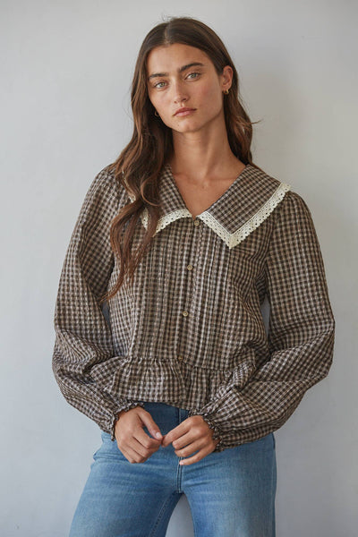 Woven Polyester Cotton Gingham Print Peplum Top: Coffee Brown