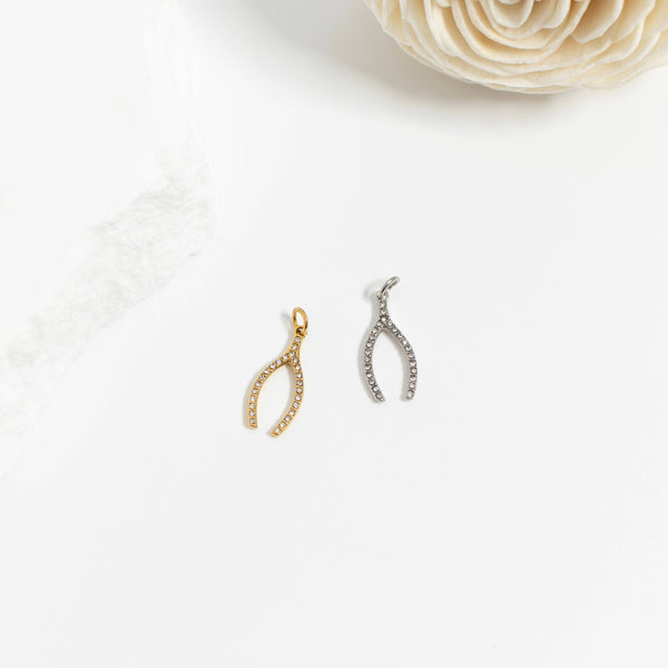 18K Gold PVD Stainless Steel Rhinestone Wishbone Charm: Gold
