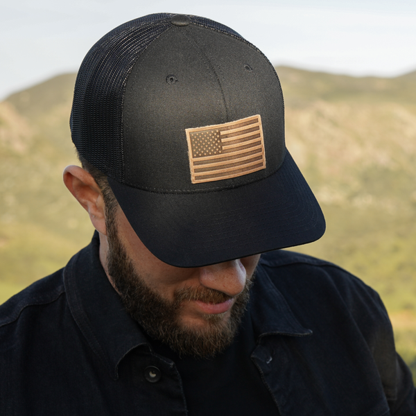 American Flag Hat - Leather Patch Trucker Snapback: Black