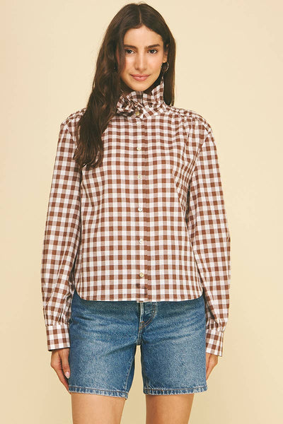 Ruffle Collar Button Down Long Sleeve Shirt - Gingham Check Brown