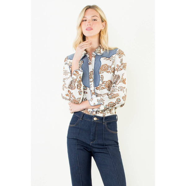 Long Sleeve Floral Detail Button Up Top: Cream