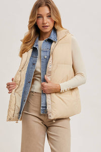 Denim Layered Puffer Vest: Beige