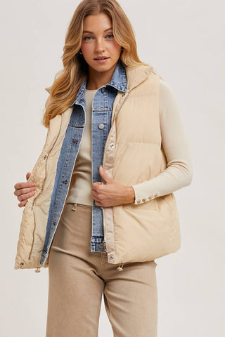 Denim Layered Puffer Vest: Beige