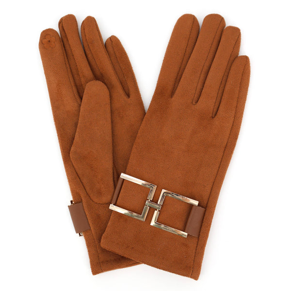 Square Buckle Accent Faux Suede Touchscreen Gloves: Taupe