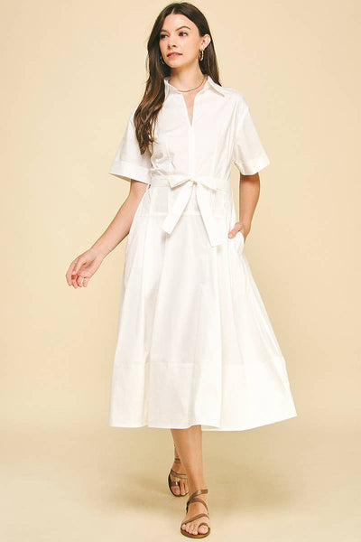 Collared V-Neck Midi Dress - Off White
