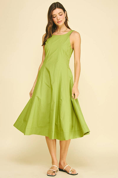 Fitted Bodice Flared Midi Dress - Matcha Green