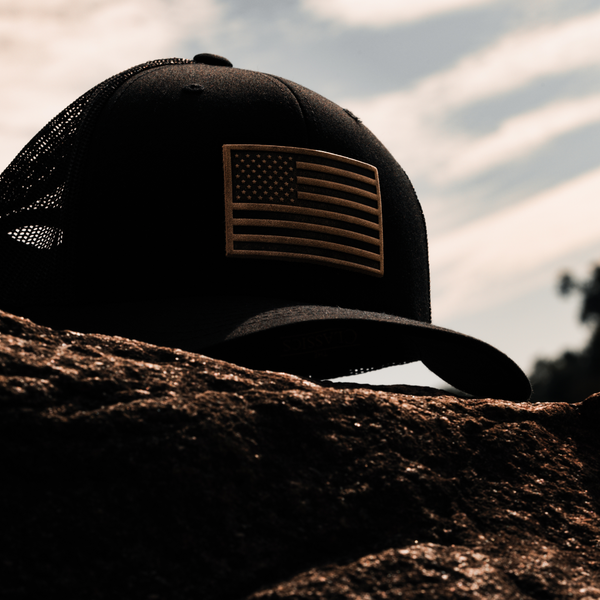 American Flag Hat - Leather Patch Trucker Snapback: Black