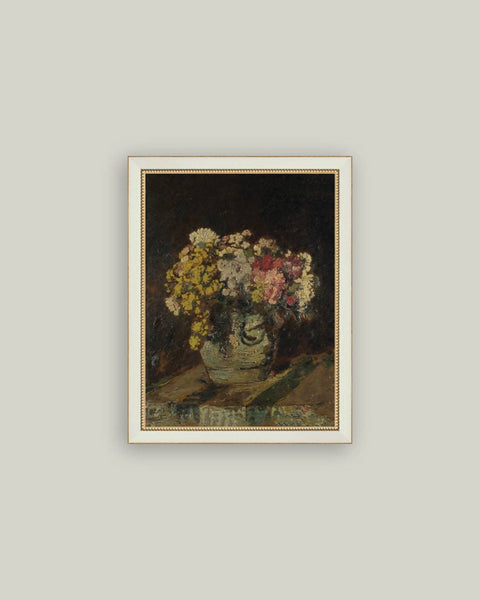 Vase of Pink & Yellow Flowers Framed Antique Art: 7x9