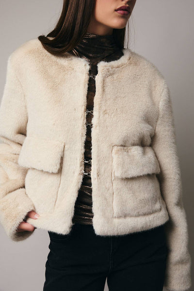 Round Neck Long Sleeve Fur Outerwear: Beige