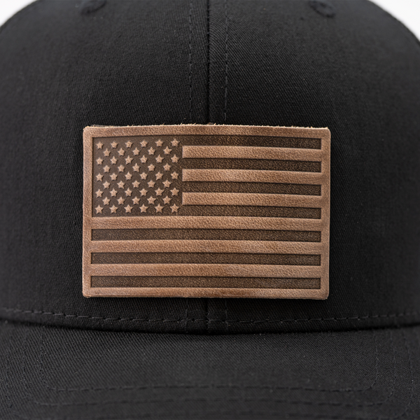 American Flag Hat - Leather Patch Trucker Snapback: Black