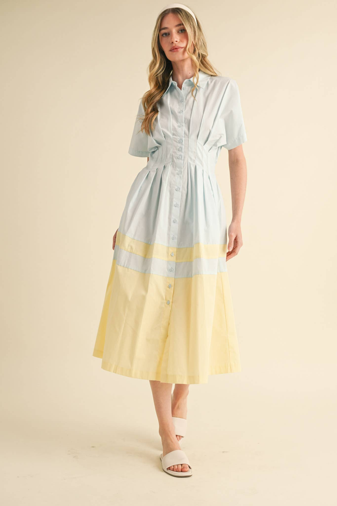 Button Down Midi Dress - Blue & Yellow