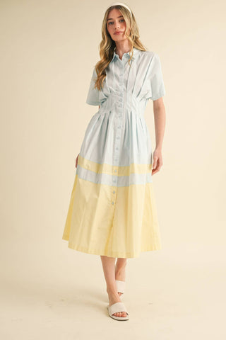 Button Down Midi Dress - Blue & Yellow