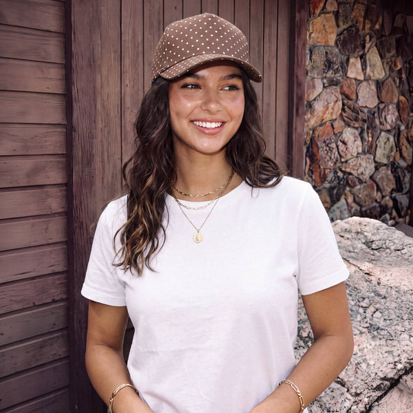 C.C Polka Dot Pattern All Over Trucker Hat: Brown/White