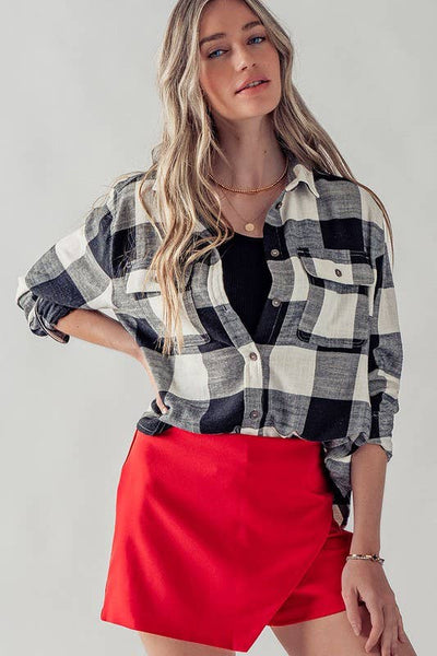 PLAID FLANNEL BUTTON DOWN SHIRT : BLACK / S-2/M-2/L-2