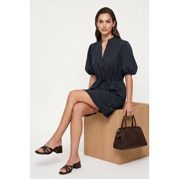 Puff Sleeve Cinched Waist Mini Dress: Navy / S