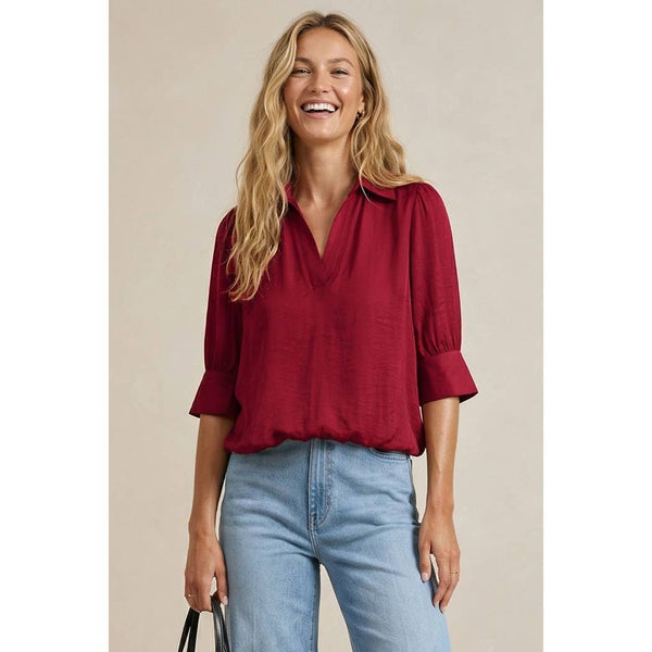 Half Sleeve Hi-lo Bubble Hem Blouse: Navy / M