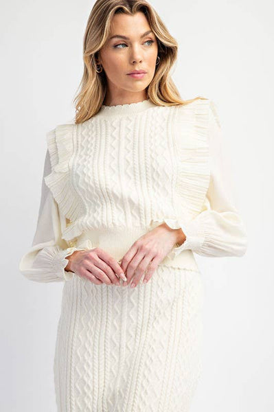 Cable Knit Sweater with Woven Sleeves: Brown