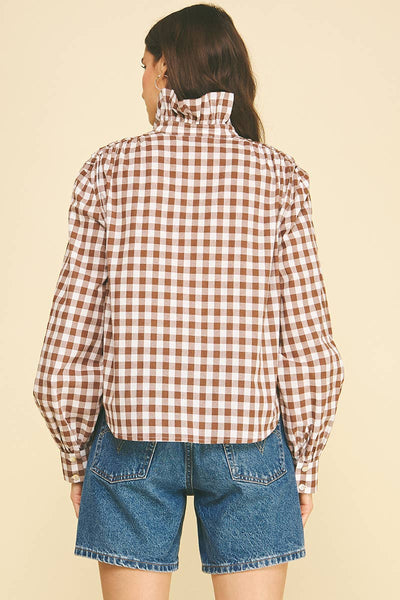 Ruffle Collar Button Down Long Sleeve Shirt - Gingham Check Brown