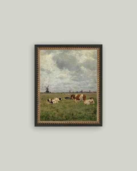 Cattle on the Pasture Framed Antique Art: 8x10