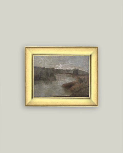 Hazy River Landscape Framed Antique Art: 17x13