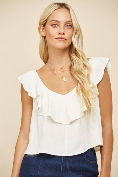 Ruffled Linen Cropped Blouse: Ivory