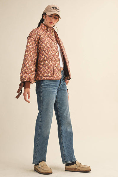 FLORAL QUILTED JACKET WITH RIBBON SLEEVE DETAIL MJK4432: Navy Teal Multi Floral / S