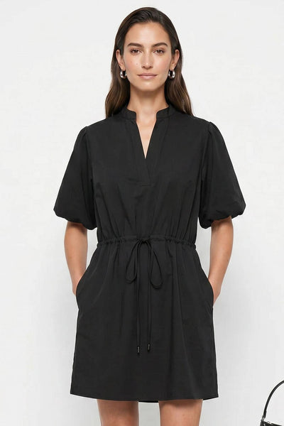 Puff Sleeve Cinched Waist Mini Dress: Navy / S