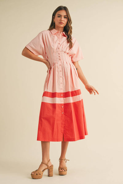 Button Down Midi Dress - Peach & Red