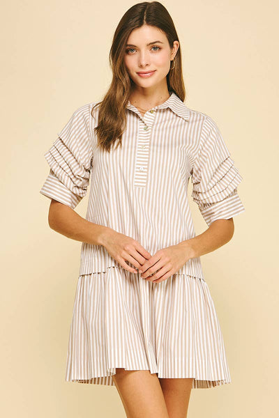 Stripe Button Down Mini Dress - Khaki