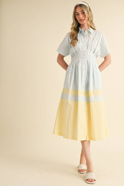 Button Down Midi Dress - Blue & Yellow