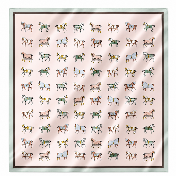 Equestrian Horse Print Satin Square Scarf: Classic Cream