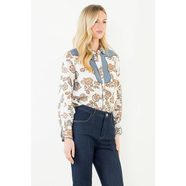 Long Sleeve Floral Detail Button Up Top: Cream