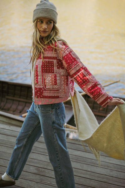Patchwork Quilted Jacket: Red Bandana