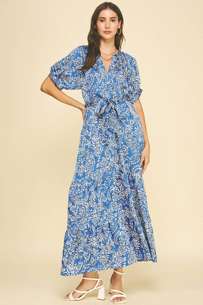 DAMASK PRINT TIERED MAXI DRESS - 6132DA: DEEP BLUE / S
