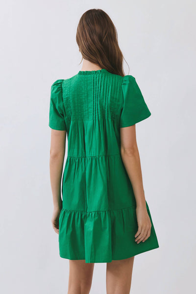 Front Button Down Pleated Detail Ruffle Mini Dress - Green