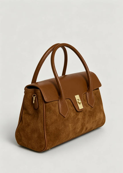 Genuine Leather Bag with Suede Details: Cognac
