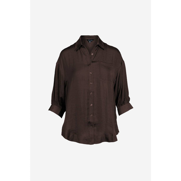 Oversized 3/4 Sleeve Button Up Blouse: Navy / L